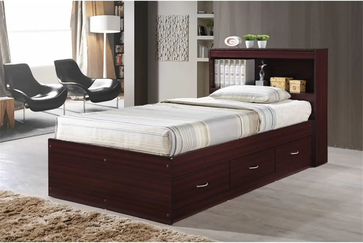 

Twin Size Wood Platform Bed with Bookcase Headboard with 3 Drawers for Bedroom Storage Organization, Mahogany