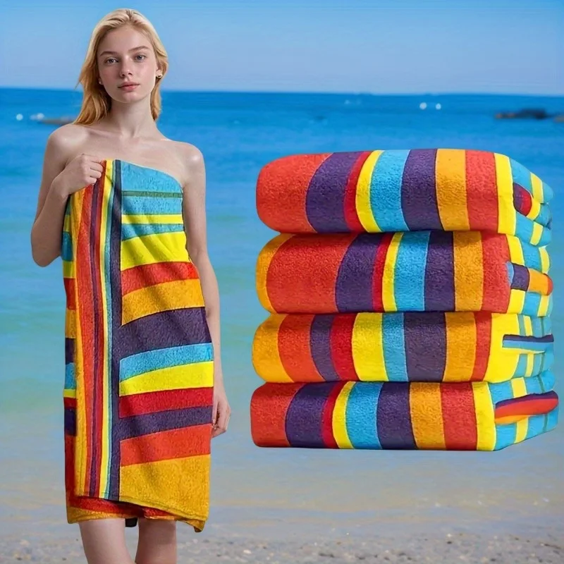 Colorful Striped Beach Towel, Enlarged and Thickened Absorbent Quick Drying Towel, Vacation Swimming Sun Protection Large Towel