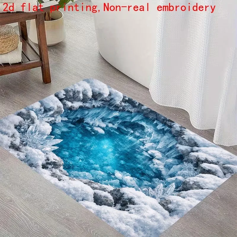 Funny 2D Visual Illusion Doormat Magic Crack‑Ground with Red‑Hot Lava and Ice‑Blue Waterfall Pattern Decorative Rug Mat