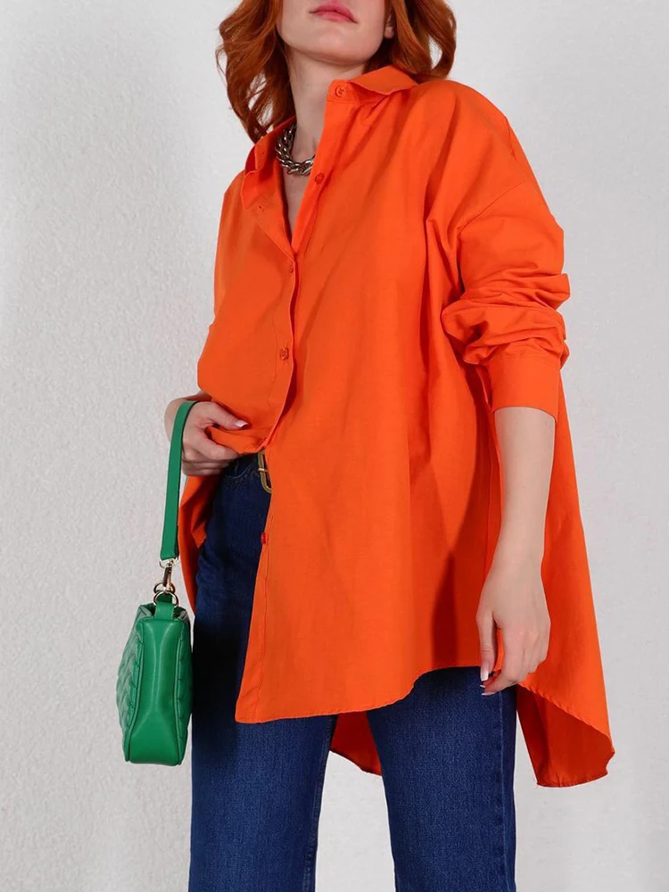 2023 Autumn New Oversize Shirt for Women Soild Color Loose Button Up Blouse with Open Back Green Back Slit Women\'s Cotton Shirt