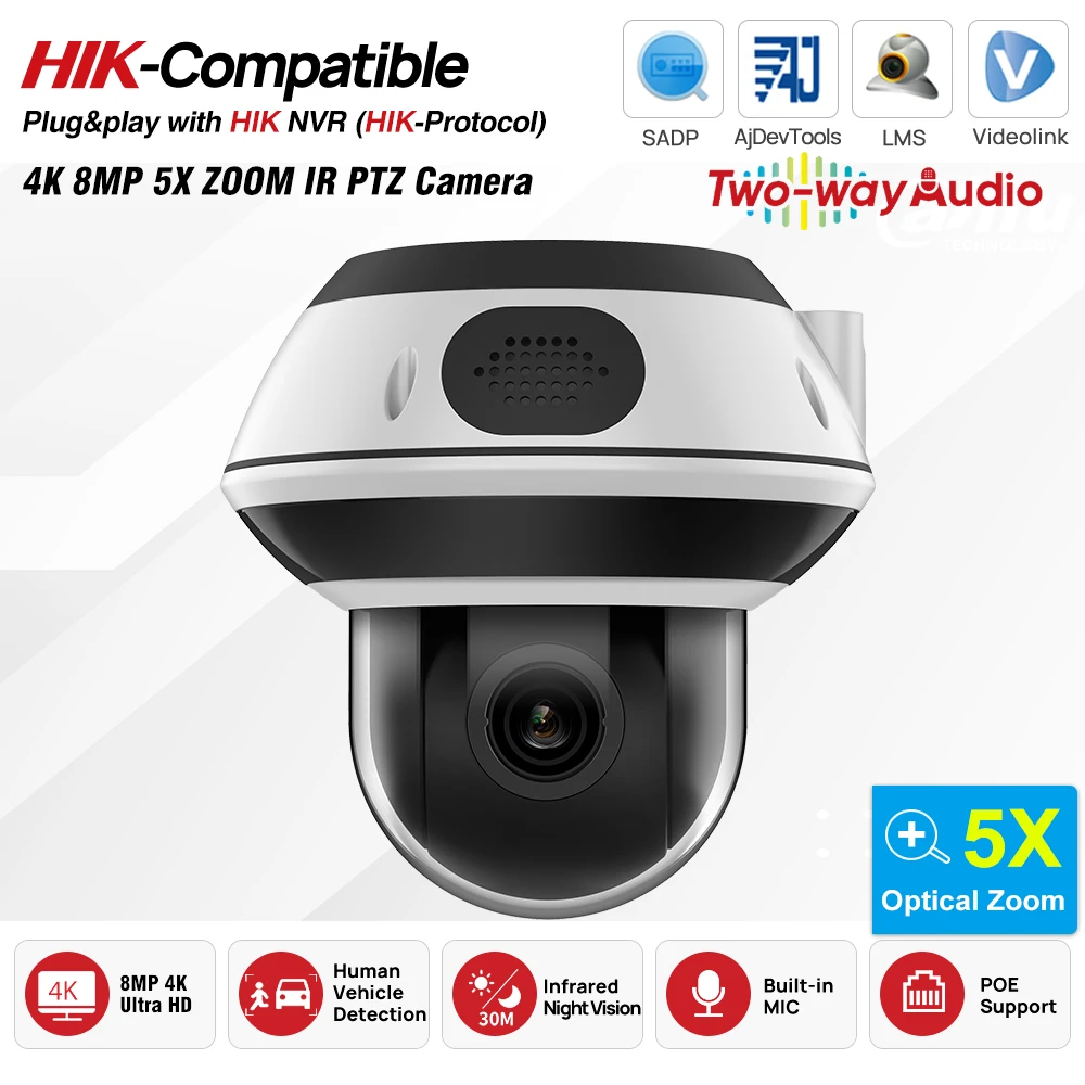 

2,7–13,5 мм, 4K, 8 МП, 5-кратный зум, ИК-камера PTZ, умная сигнализация обнаружения людей и транспортных средств, двусторонняя аудиосвязь IK10 IP67, совместимость с Hikvision