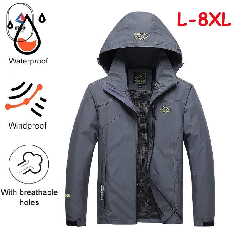 

​ Мужская водонепроницаемая походная куртка большого размера, ветрозащитная ветровка, уличное спортивное пальто для кемпинга, охоты, бега, термобелье, быстросохнущее ​