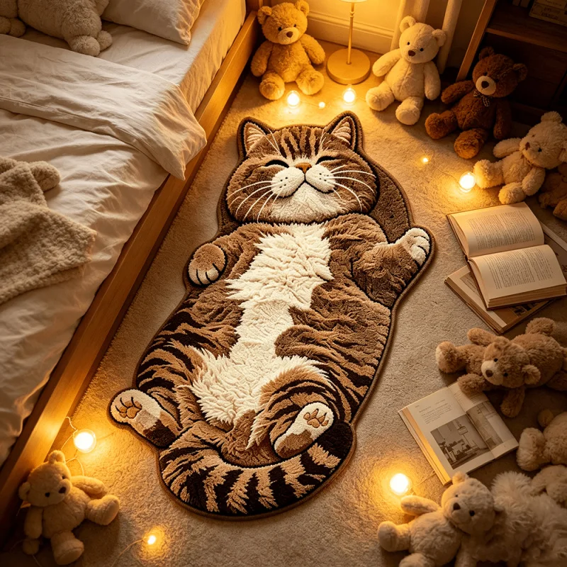 VIKAMA Cute Lazy Tabby Cat Shaped Runner Rug  Irregular Long Floor Mat Non Slip Absorbent for Bedroom Bedside Kids Playroom Pet