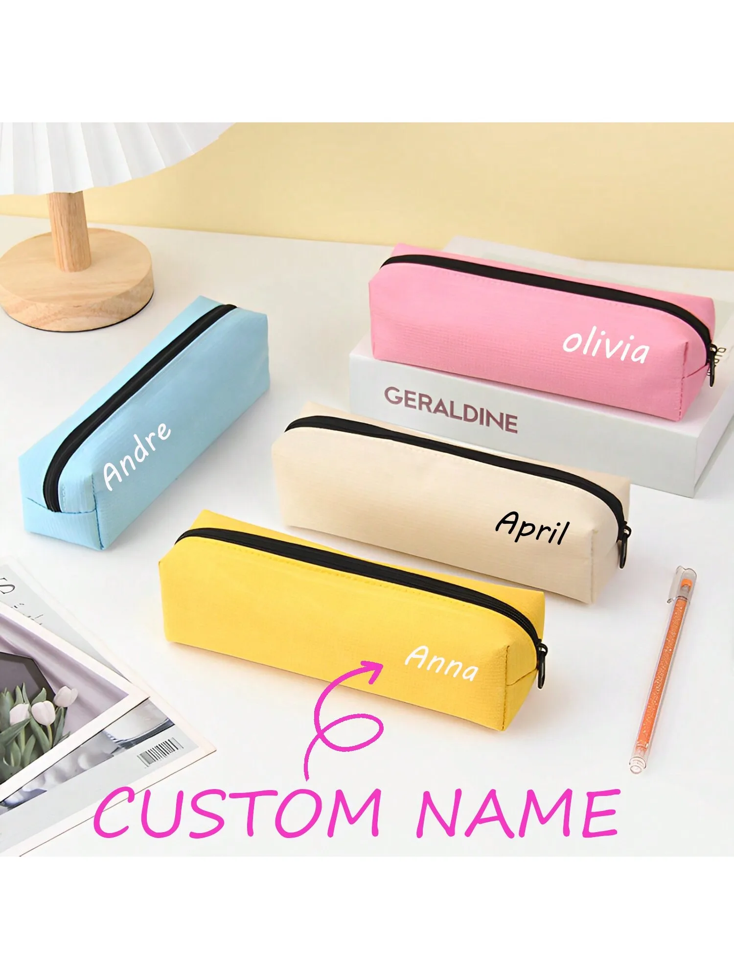 1pc Solid Color Minimalist Ins Style Portable Oxford Cloth Pencil Case, Custom Name Stationery Bag for School & Daily Storage