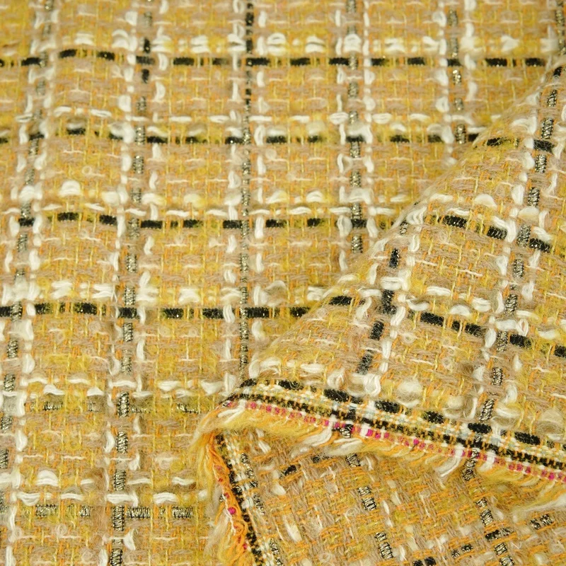 Fresh yellow plaid tweed fabric with shiny threads, suitable for woolen jackets and vestsA