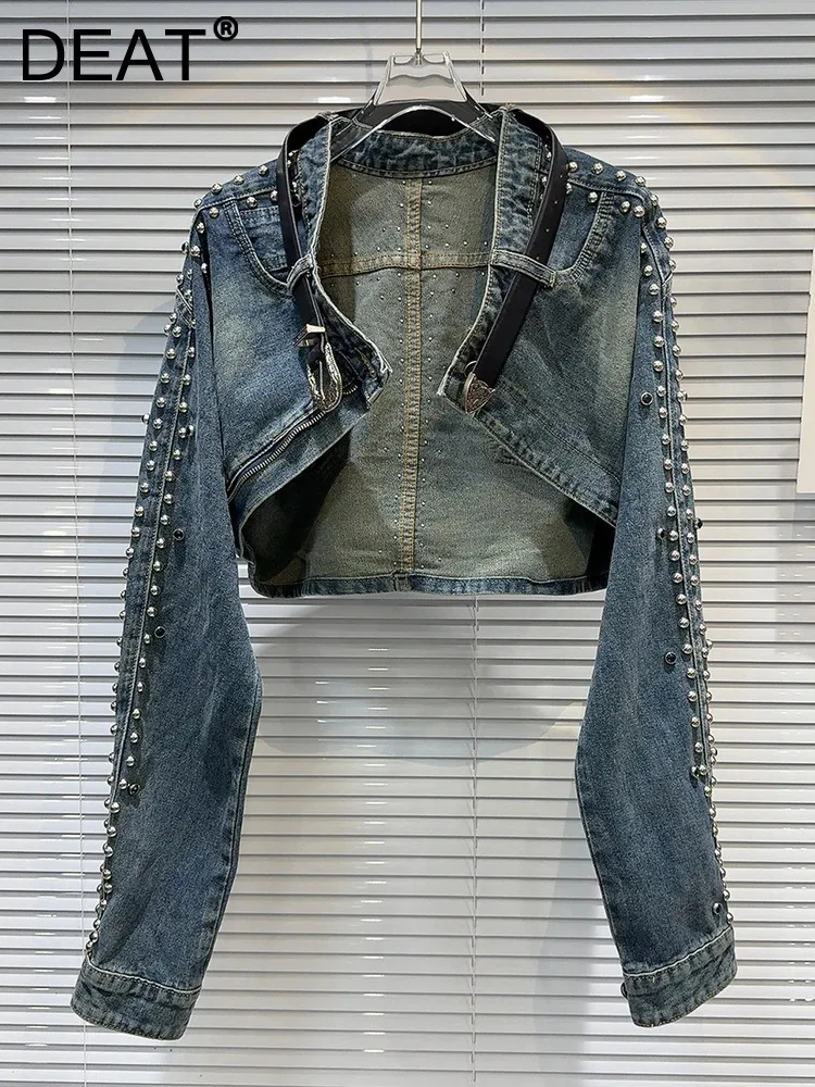 DEAT Vintage Fashion Women\'s Rivet Belt Long Sleeve Denim Coat 2024 Summer Trendy New Single Buttons Jacket Female 11XX9064