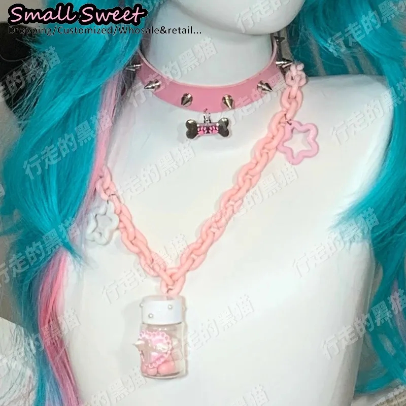 Y2K Spicy Girl Handmade Choker Medicine Bottle Punk Gothic Women Cute Star Dopamine Subculture Rivet Short Layers Necklace