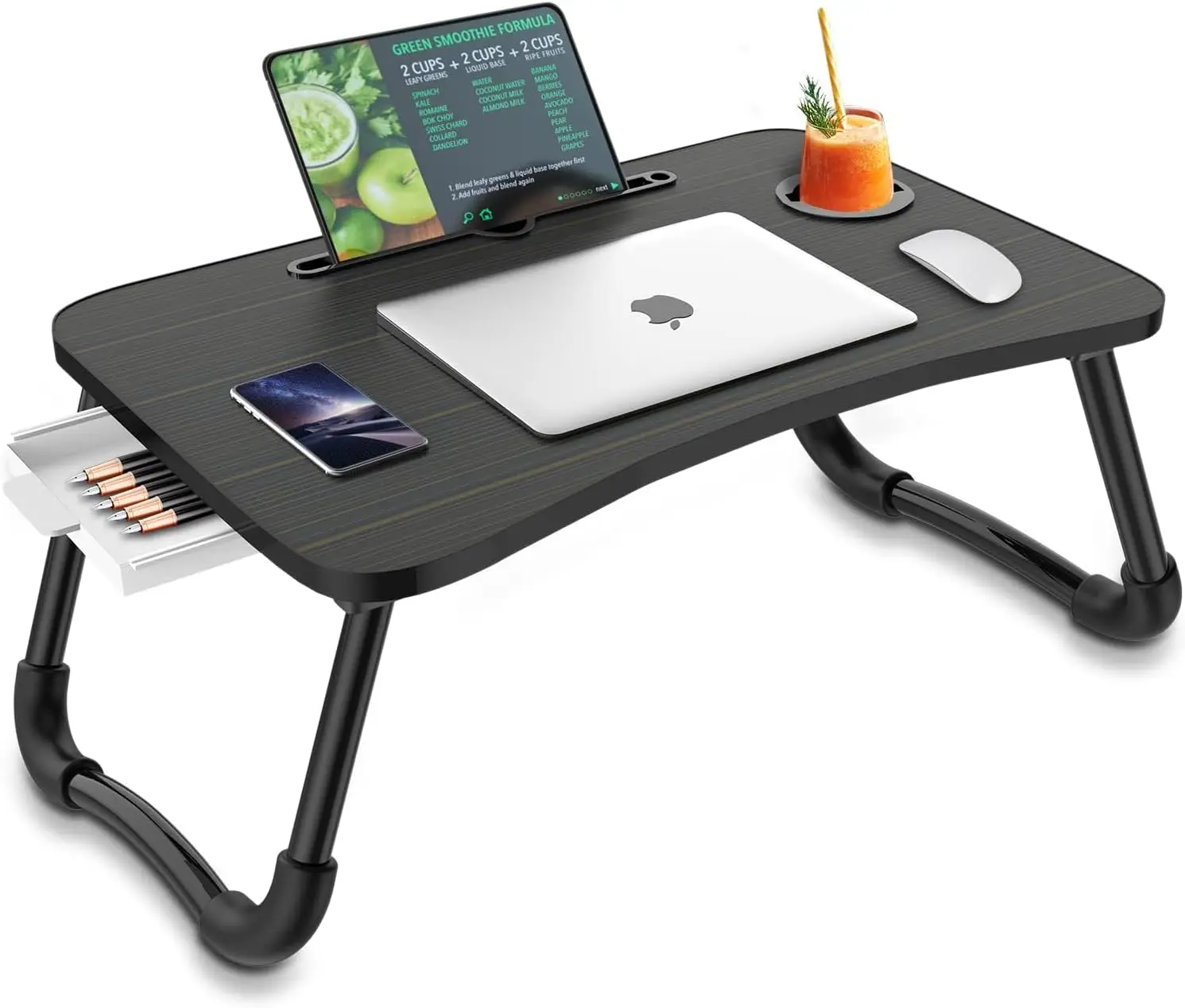 

Foldable Laptop Bed Table with Storage Drawer, Cup Holder & Phone Slot - Multi-Function Desk for Couch/Sofa