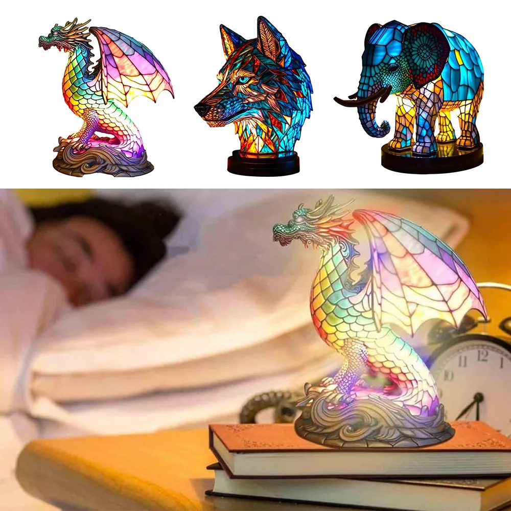 Resin Stained Glass Animal Lamp Dragon Wolf Elephant Table Lamp Desktop Ornament Colorful Night Light Bedside Lamp Home Decor