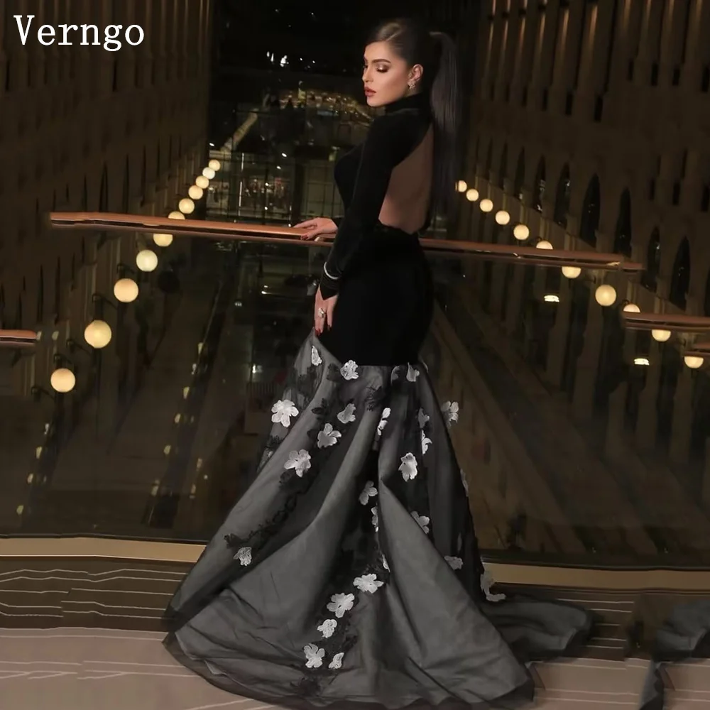 

Verngo Black Velvet Evening Dress 3D Flowers Mermaid Prom Party Dress High Neck Full Sleeves Prom Gown Haute Couture Customized