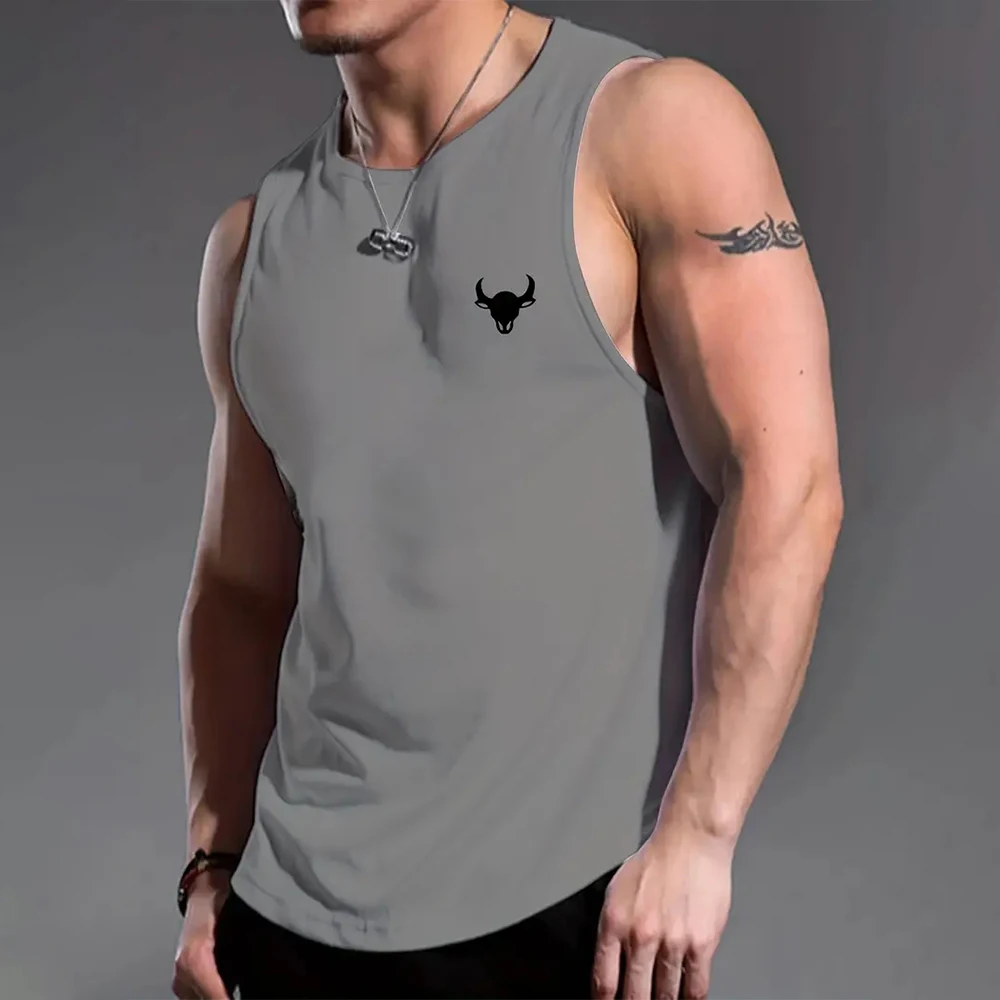 Fashion Men\'s Sleeveless T-Shirt Summer Braces Clothes bull head Print Outdoor Casual Man Gym Clothing O Neck Pullover Sportwear