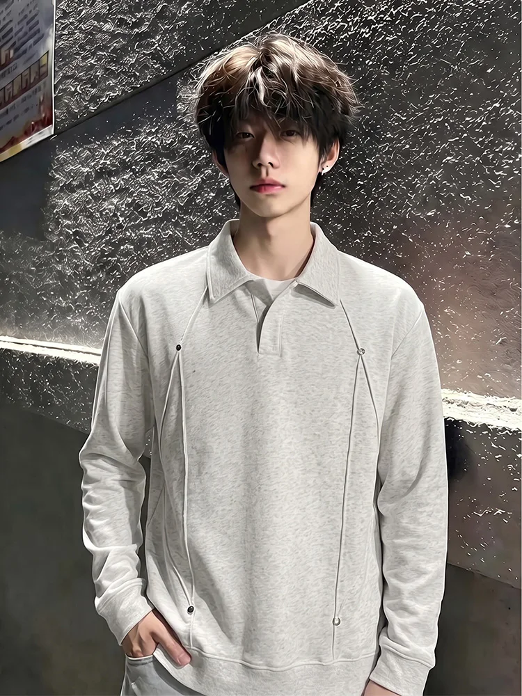 Light Grey American Style Fake Two-Piece Men's Sweatshirt Long Sleeve T-Shirt Autumn Design Sense Rivet Splicing High-End Fee...