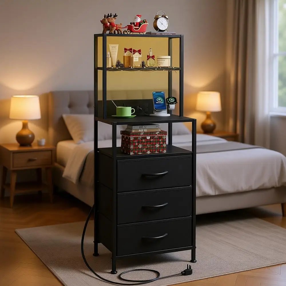 

Высокий прикроватный столик с зарядной станцией, прикроватная тумба со светодиодной подсветкой, 3 тканевыми ящиками и открытыми полками для хранения, прикроватный столик для спальни