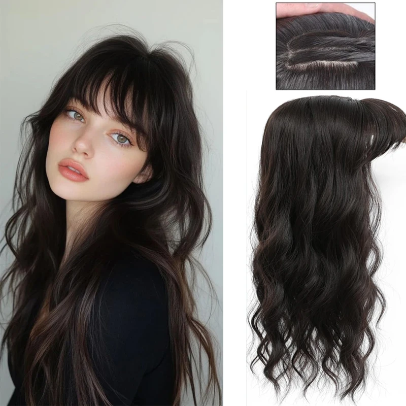 18Inch Topper Hair Piece Invisible Seamless Long Water Wave Wig Bangs Clip Overhead Natural Invisible Replacement