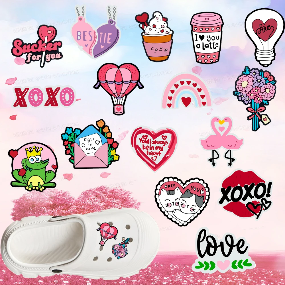 16pcs New Valentine's Day Series PVC Boys Girls Shoe Accessories Detachable Waterproof  Fashion DIY Shoe Decorations decoration