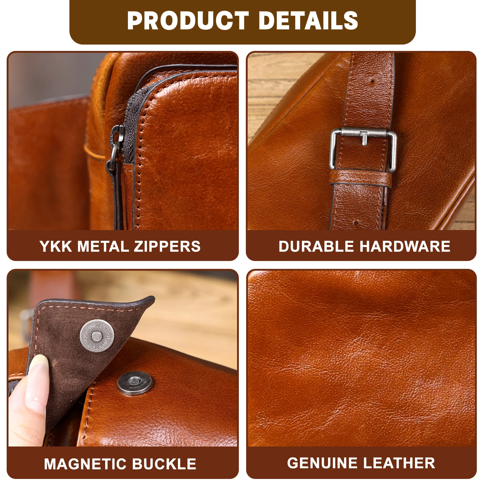 Vintage-Umhängetasche aus hochwertigem, pflanzlich gegerbtem Echtleder für Herren, modische Schultertasche, Motorrad-Umhängetasche – Detail 12