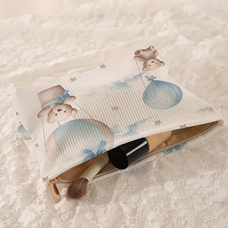 Blue Teddy Bear Balloon Corduroy Cosmetic Bag Cute Animal Zipper Makeup Pouch Large Capacity Travel Toiletry Storage Bag Women