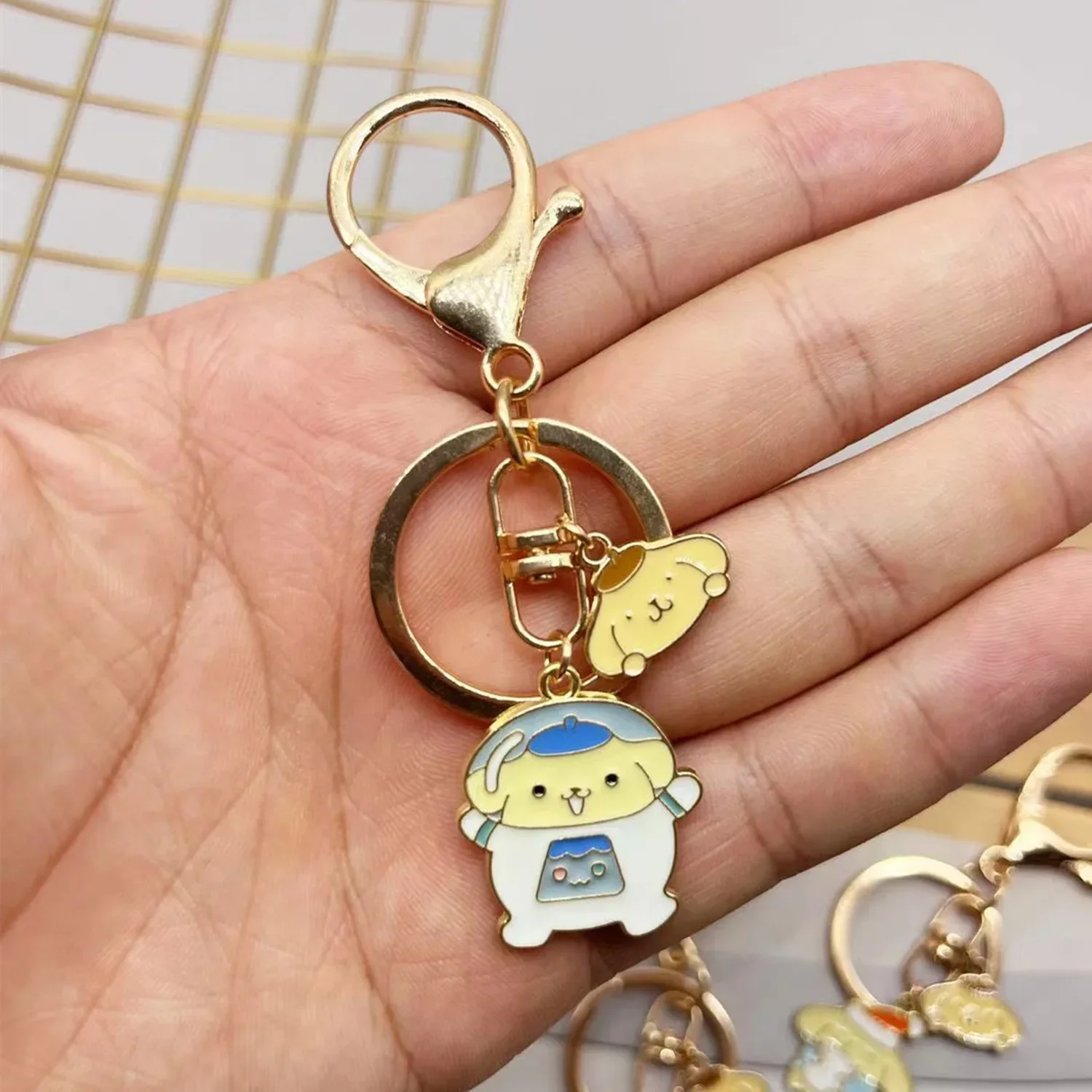 Sanrio Pompom Purin Keychain Cartoon Hello Kitty Action Anime Figures Keychain Cute Cartoon Car Backpack Keyring Pendant Gifts