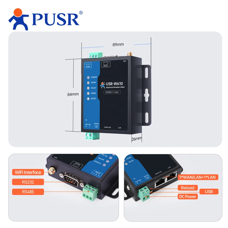 TCP/UDP/MQTT/HTTP/TLS 프로토콜을 갖춘 PUSR RS485 RS232-WiFi 변환기 USR-W610(퀄컴 버전)