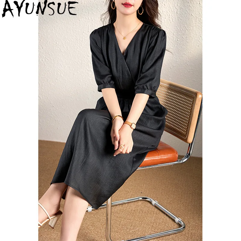 AYUNSUE Heavyweight Mulberry Silk Dresses Woman Elegant Mid-length Black Dress French Summer Dresses 2026 Women Clothes Vestidos