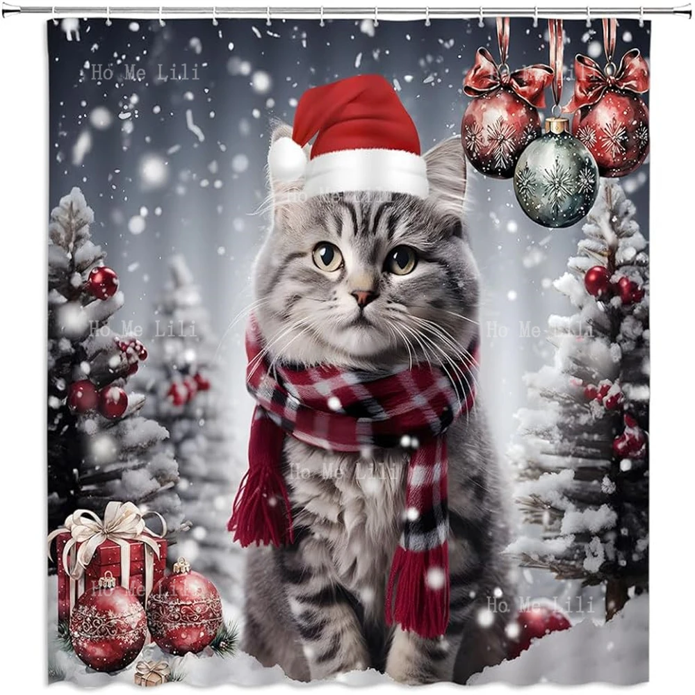 Merry Christmas Cute Cat Ball Rustic Winter Snow New Year Holiday Shower Curtain