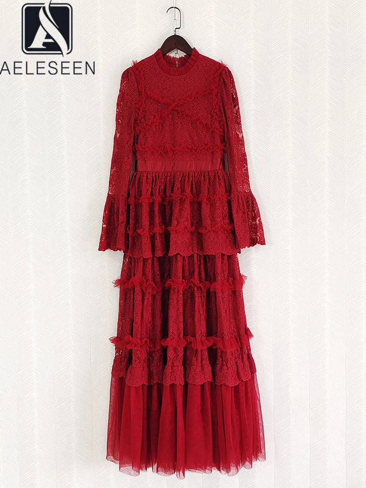 

AELESEEN Runway Fashion Layere Dress Women Autumn Winter Claret Beige Flare Sleeve Ruffles Edible Tree Fungus Lace Embroidery