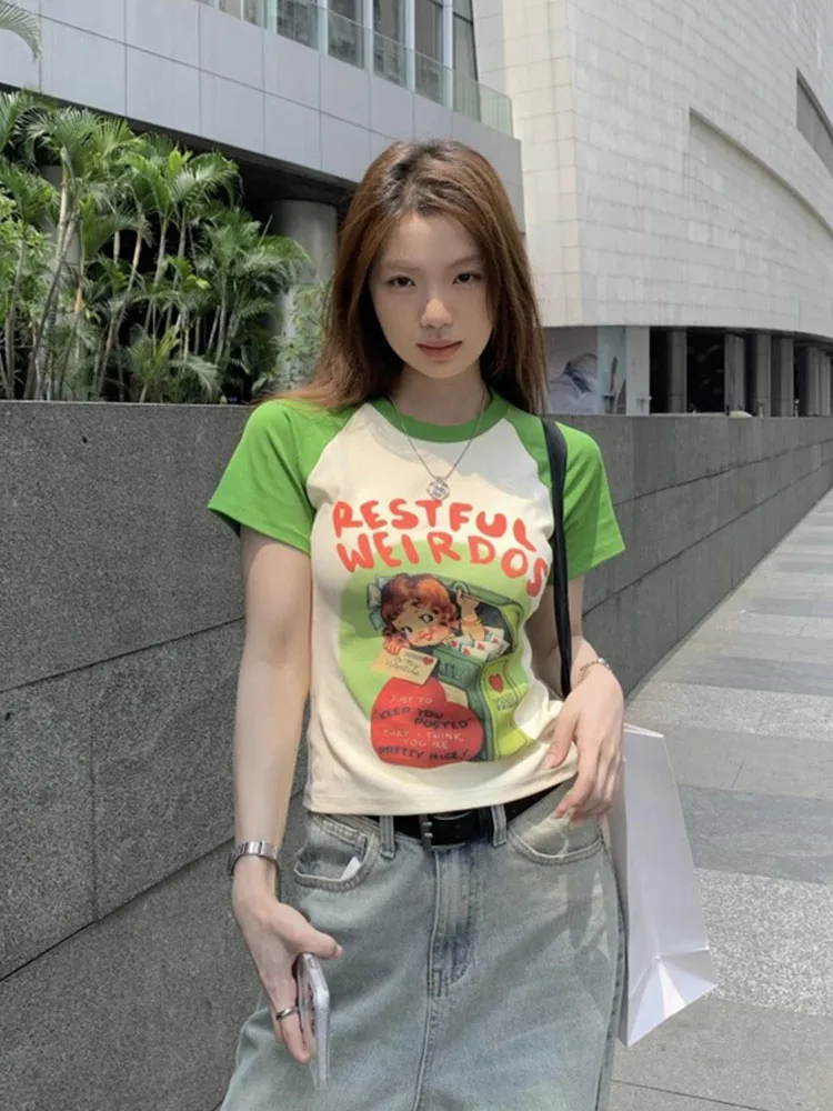 Harajuku Casual Letter Print Tees Slim Graphic Kawaii Short Sleeved T-Shirts Women Daily Streetwear Gyaru Crop Top Preppy Style