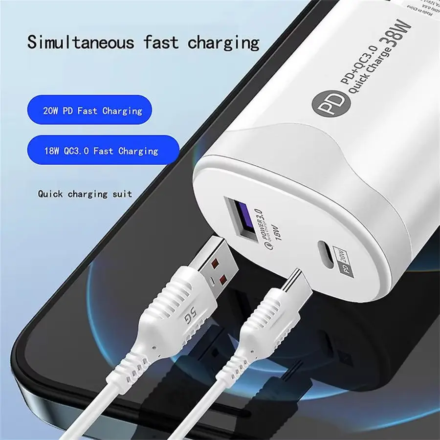 Tatal 38W Wall Charger Quick Charge PD20W Power3.0 Fast Charging Adapter with USB Type C Cable for for Xiaomi iPhone Samsung