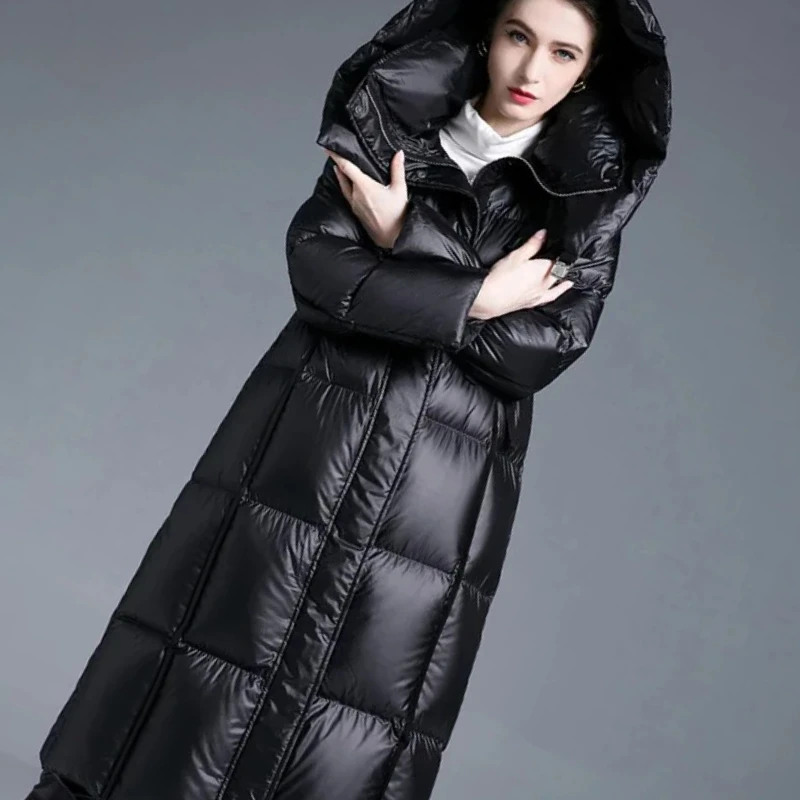 Trendige Hochwertige Unisex Lange Daunenjacke Überknie-Pufferjacke Damen Herren Verdickte Winter Lose Warme Weiße Entendaunen-Mantel