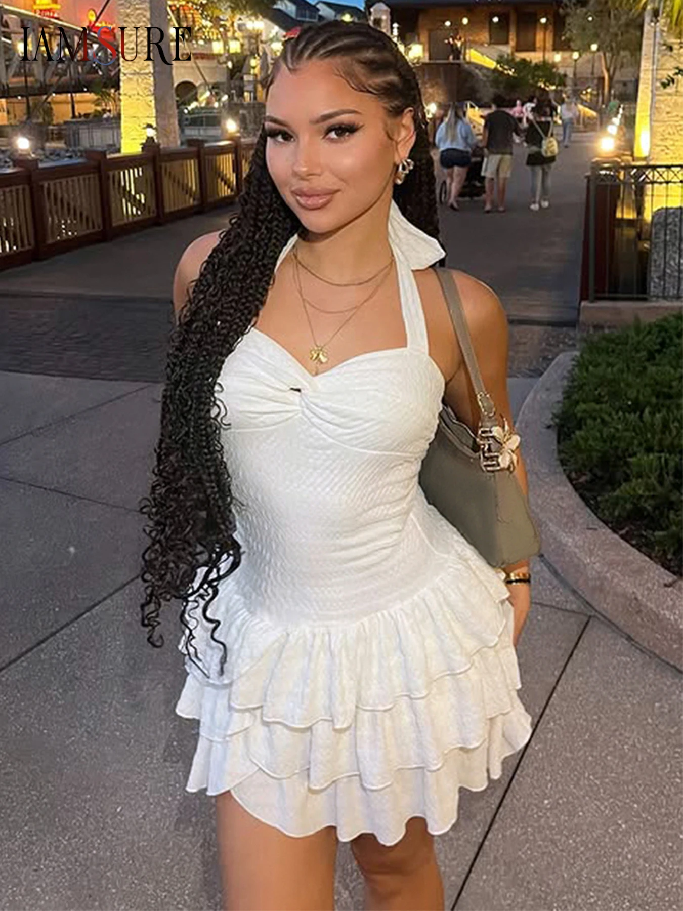 

IAMSURE Sweet Slim A-Line Halter Dress Solid Backless Bandage Slash Neck Sleeveless Mini Dresses For Women 2025 Summer Fashion