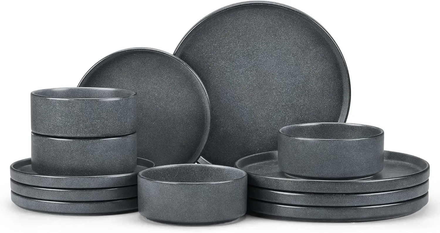 

Stoneware Dinnerware Sets for 4, 12-Piece Reactive Glaze Plates and Bowls Sets, Kitchen Ceramic Dishes Dinning Ware, Mic