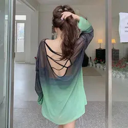 Summer Solid Color Loose Women's Clothing Sexy Backless Tops Fashion Hollow Out Pullovers New Long Sleeve Sunscreen T-Shirts