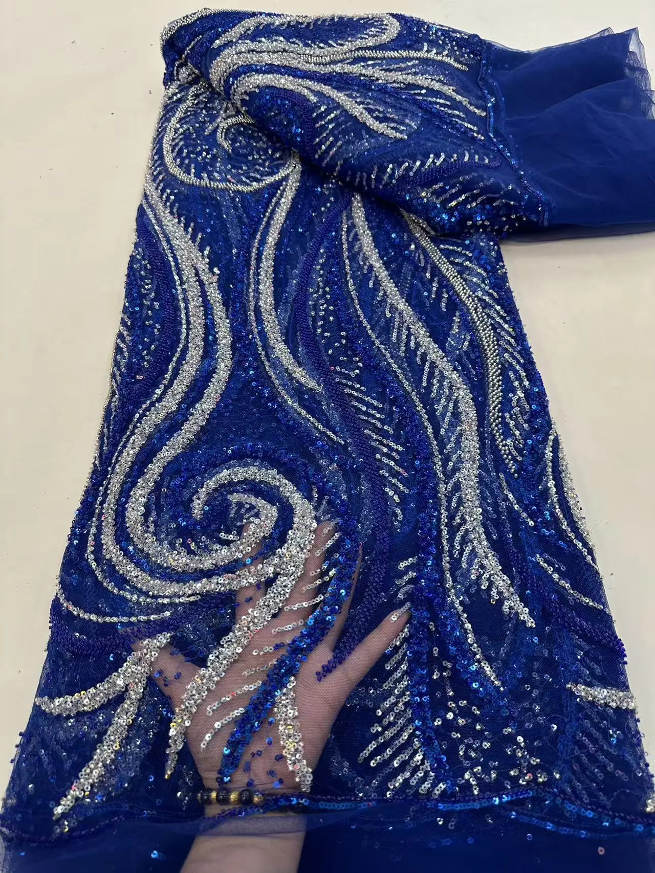 

2026 Latest Royal Blue African Handmade Beads Laces Fabrics Luxury Nigerian Sequins Mesh Lace Fabric for Party Dress 5 Ya M153-1