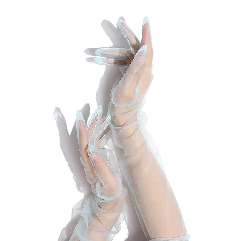 Guantes de tul transparente con cinco dedos para mujer, manoplas finas de encaje, a la moda