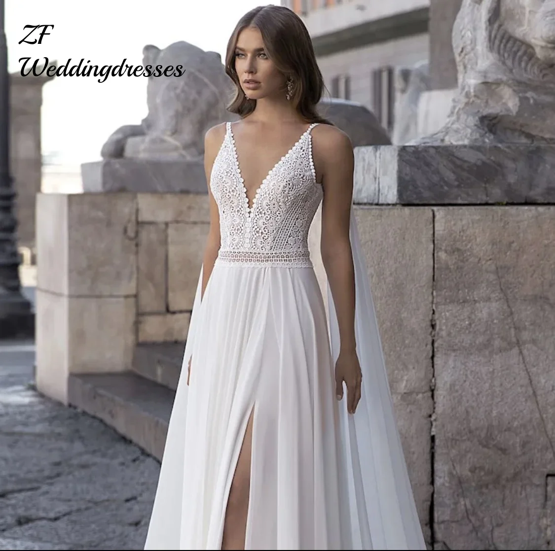 Vestido de noiva boêmio personalizado, decote em v, sem mangas, fenda lateral, alças espaguete, costas nuas, renda, apliques, até o chão, vestido de noiva