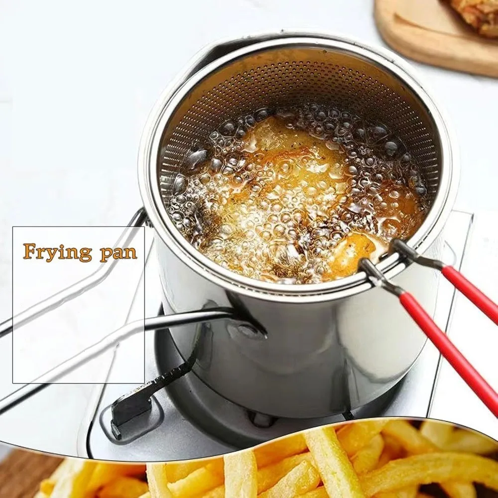 Small Deep Fryer Pot with Basket, Mini Deep Oil Fryer, 304 Stainless Steel Gadgets with Anti Scalding Silicone Handle view 2