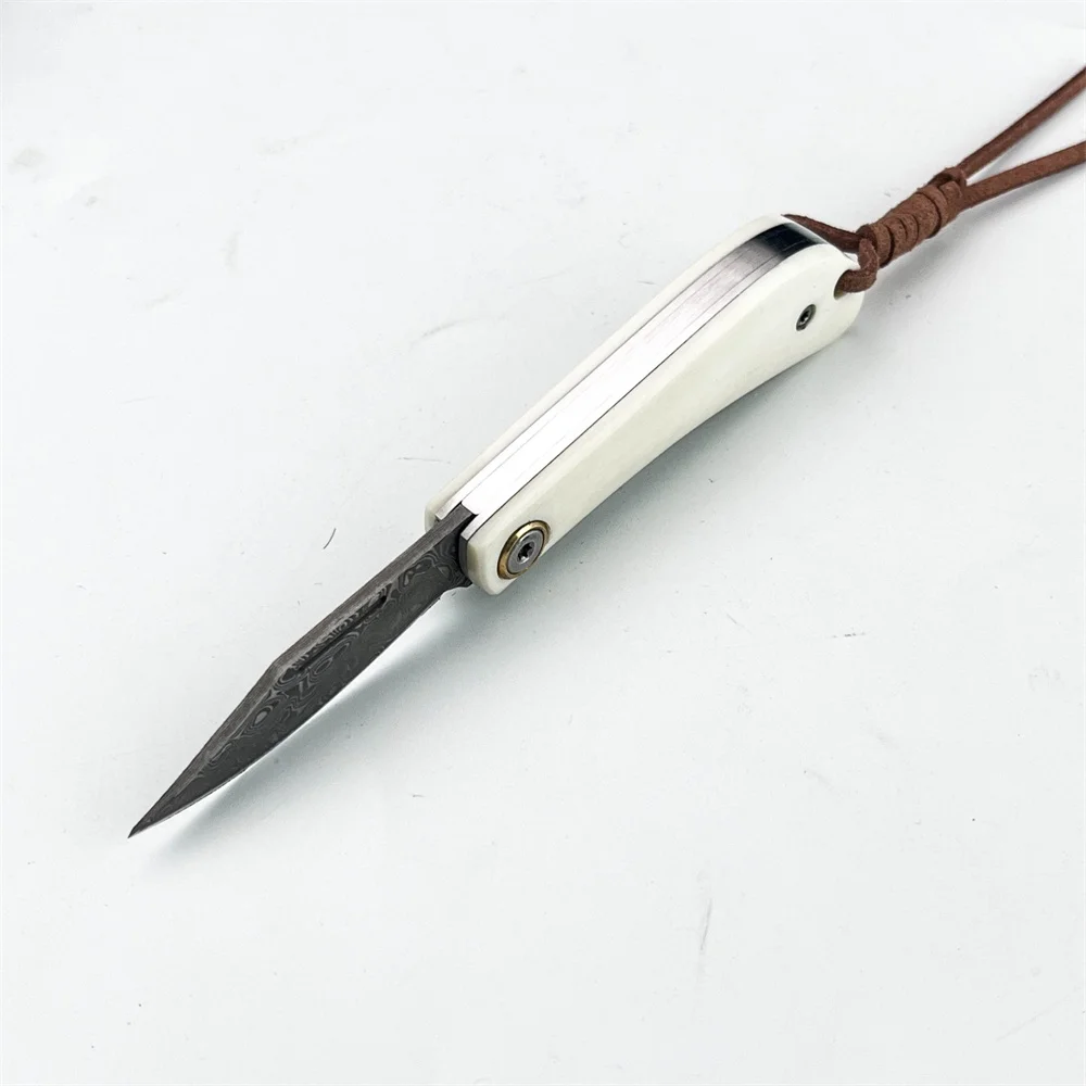 Vintage Damascus Folding EDC Pocket Knife Ivory Bone Handle, Compact Survival Camping Knife for Outdoor Hunting Collection Gift view 3