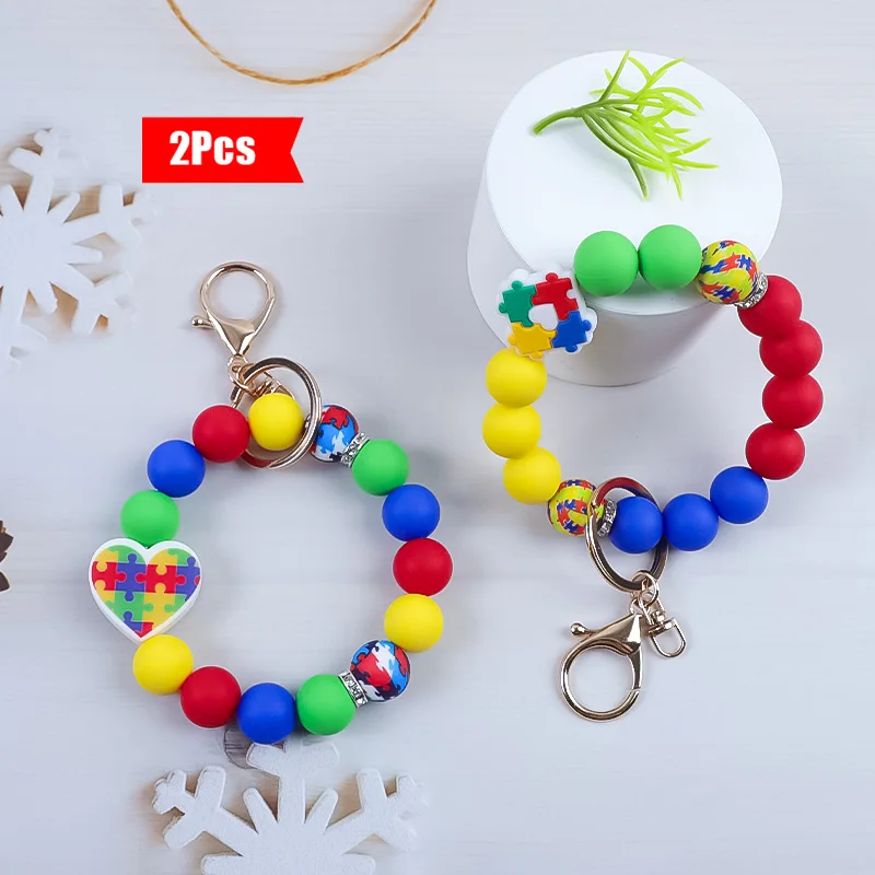 2Pcs BFF Autism Awareness Keychain Set - Puzzle Piece Beaded Wristlets, Perfect Friendship Gifts for Advocates & Supporters