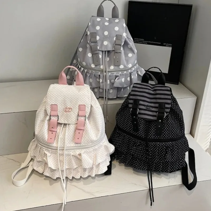 Ruffles Spliced Mochilas Mujer Polka Dot Print Mochila High Capacity Bag Holiday Travel Backpack New Canvas Bags for Woman