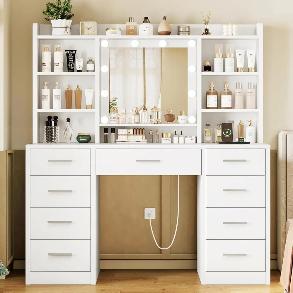

Vanity Desk with Mirror and Lights, Power Outlet, Makeup Vanity with 9 Drawers & 6 Open Storage Shelves, 3 Lighting, Customized
