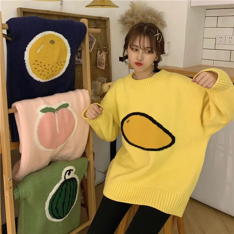 

Sweet and lovely women's fun fruit jacquard loose long sleeved sweater in autumn/winter Korean style fresh women's top