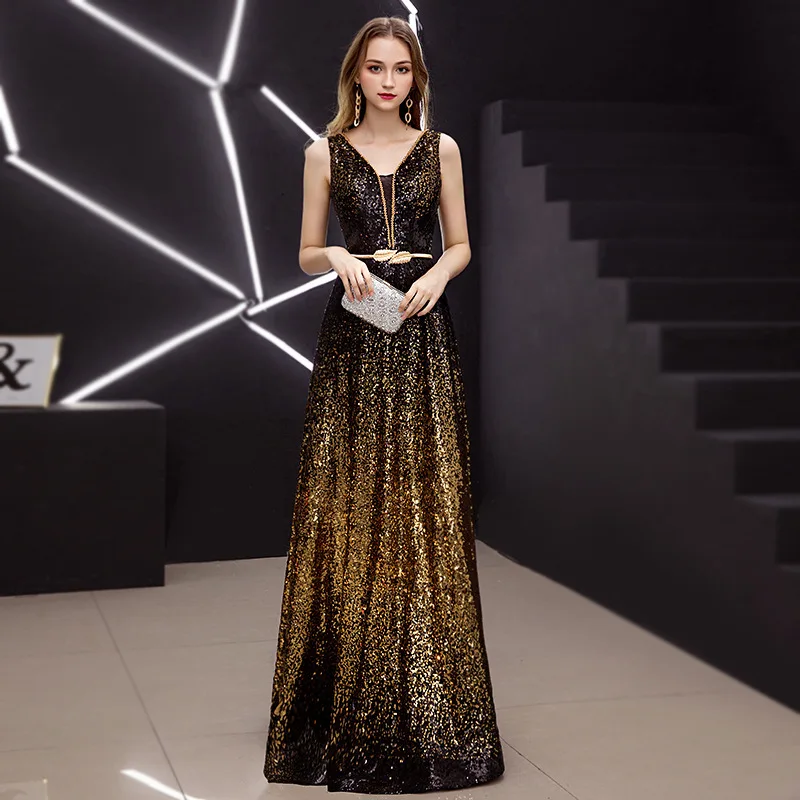 

V-neck sequin evening dress for women new gradient slim long Cocktail party dress vestido de festa luxo Vestido dourado longo