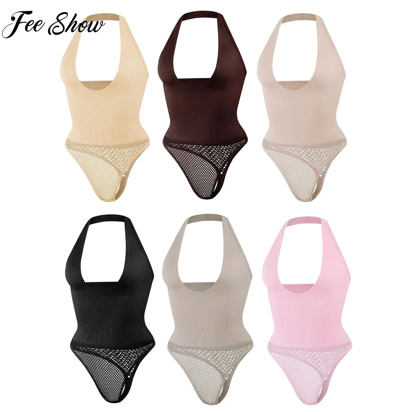 

Quick-drying Shapewear Bodysuit for Women Halter-Neck Low-cut Sleeveless Backless Hollow Out Bottom Stretchy Leotard Body Shaper