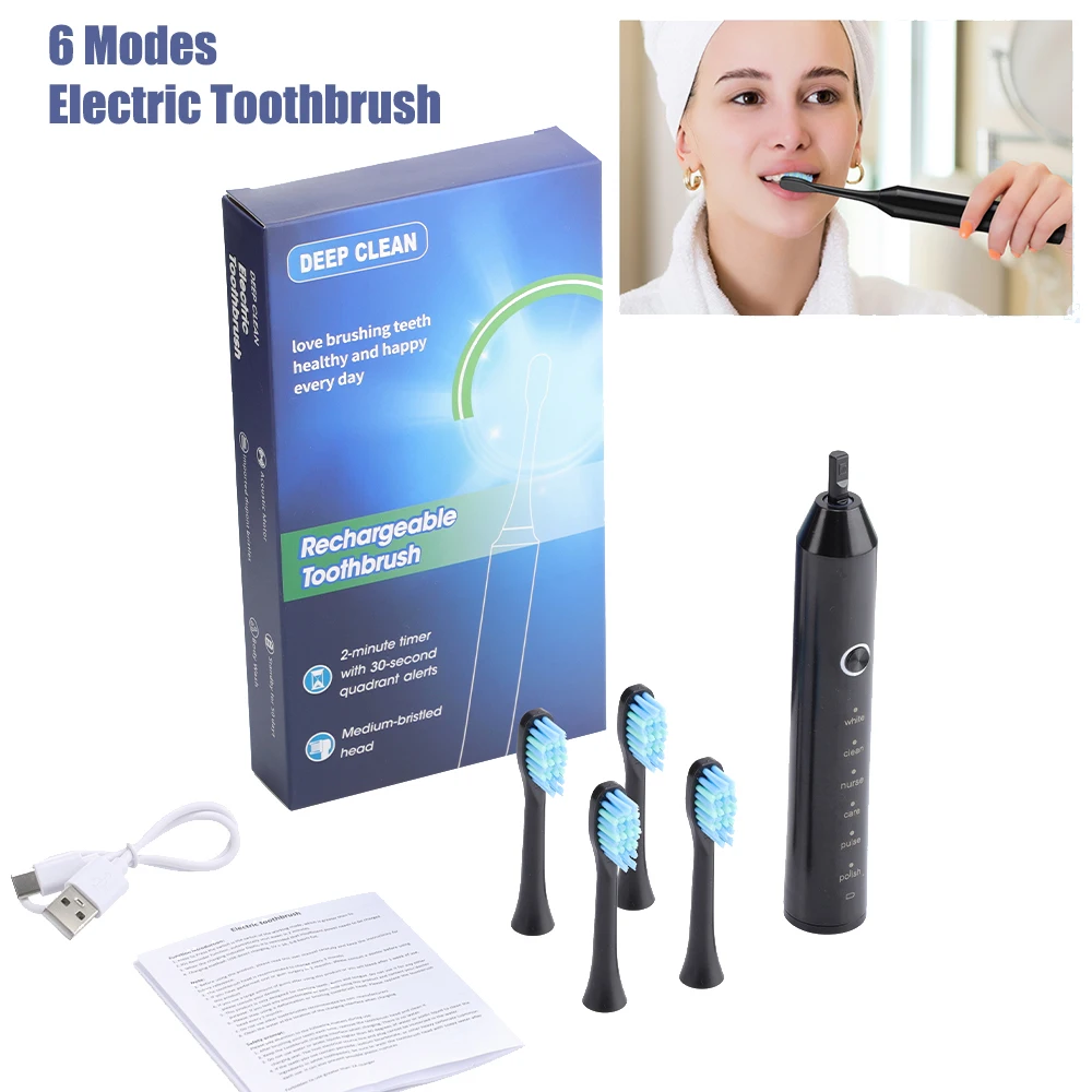 

Перезаряжаемая электрическая зубная щетка для взрослых, 6 режимов, глубокая очистка, 15000 В/мин, звуковая вибрационная зубная щетка, 4 насадки, отбеливание зубов
