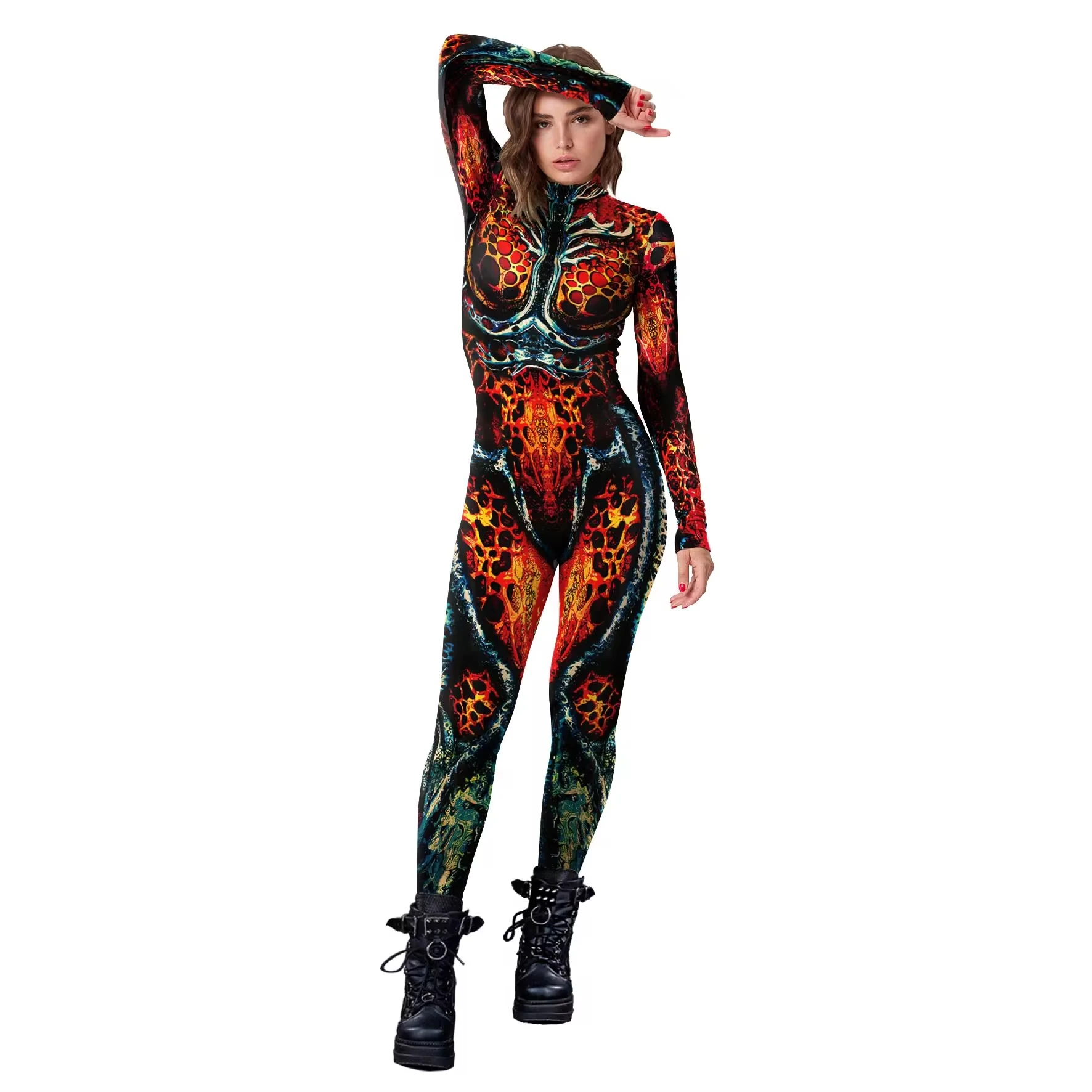 Halloween Carnival Costume Set para Mulheres, Vermelho, Preto, Chama, Homem Ardente, Collant, Cosplay Bodysuit, Macacão Punk, Festa