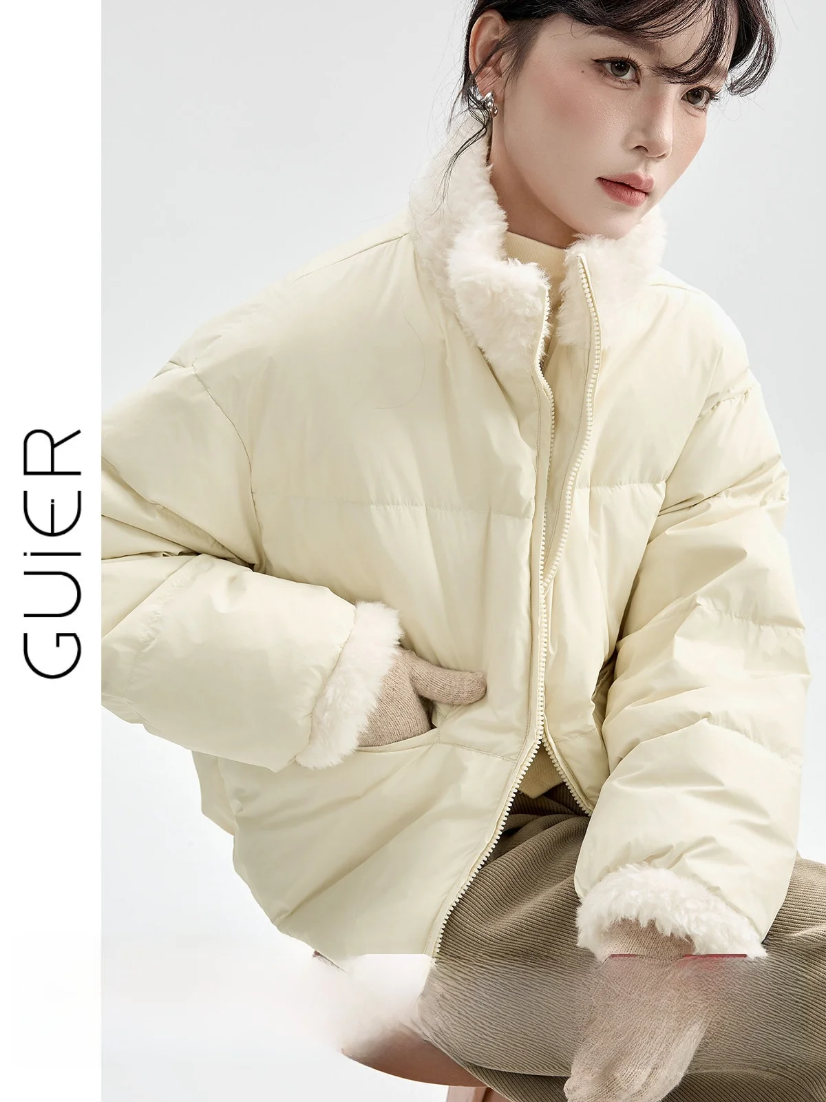 

White Du down ort Jaet with Lamb Fur Splicing Women's Winter Warm Stand Collar Casual Sle Zipper Closure Thiened
