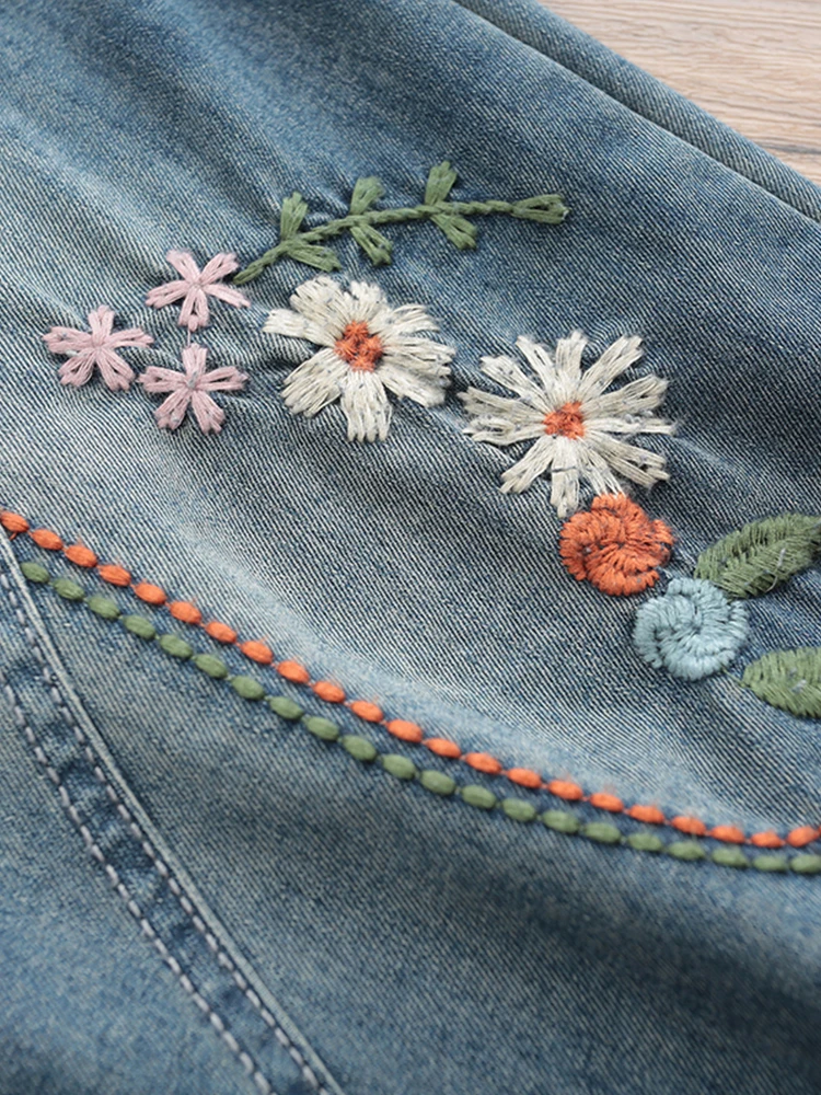 

Утягивающие джинсы Харлан с мультяшной вышивкой, женские летние модные джинсовые брюки больших размеров в стиле ретро, корейские сле