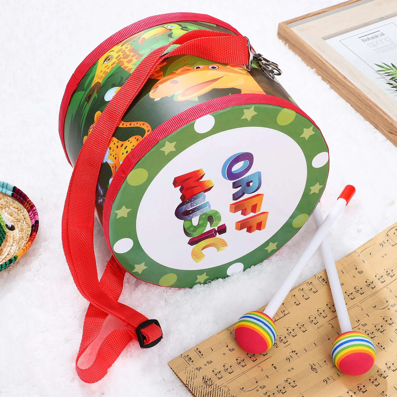 Kleinkind-Trommel, bunt, doppelseitig, Cartoon-Design, Riemen, praktisches hängendes pädagogisches Musikinstrument für Kinder