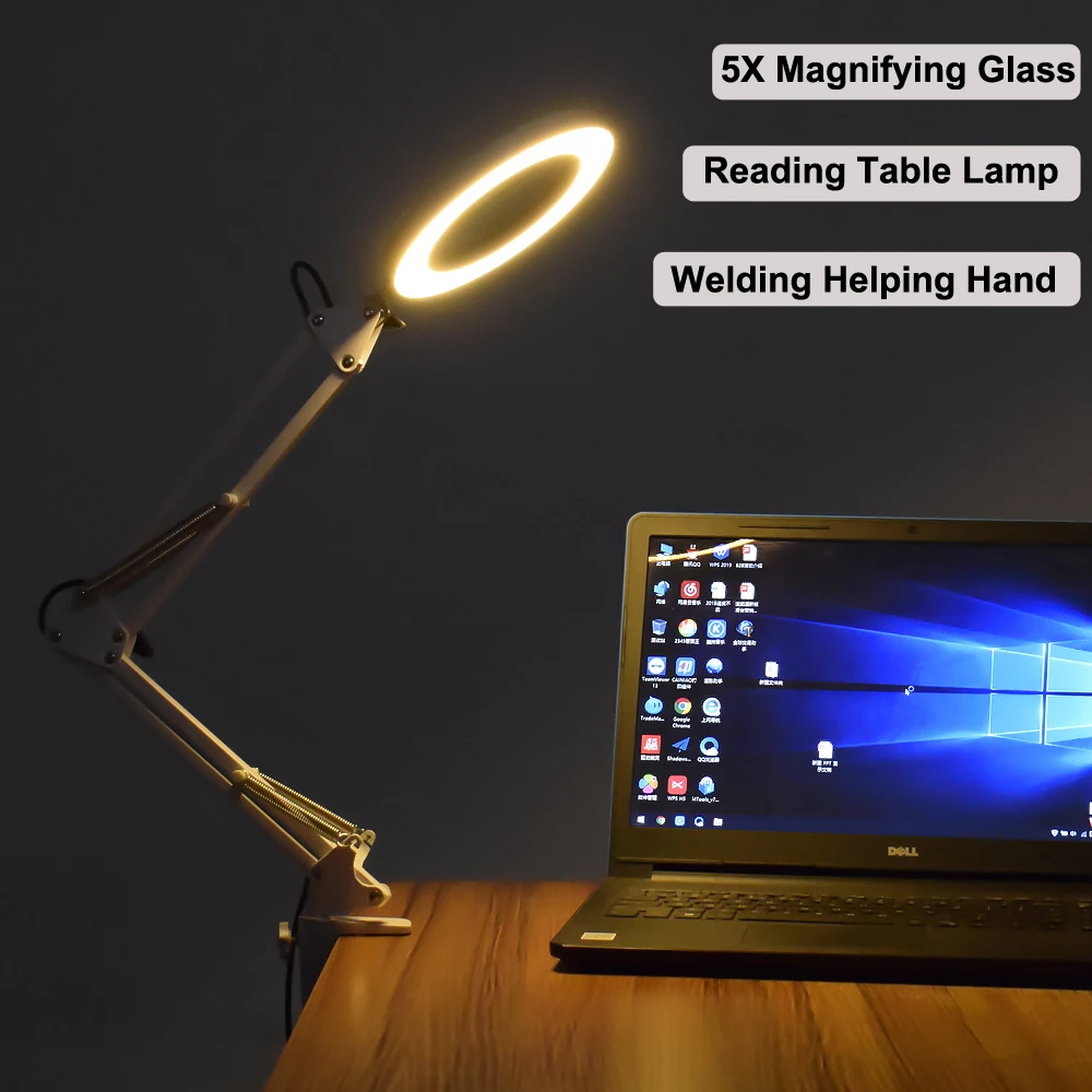 Imagem -06 - Usb 5x Lupa com Cores Led Luz Braço Oscilante Ajustável Clip-on Lâmpada de Ampliação Lâmpada de Mesa de Leitura para Trabalho Diy