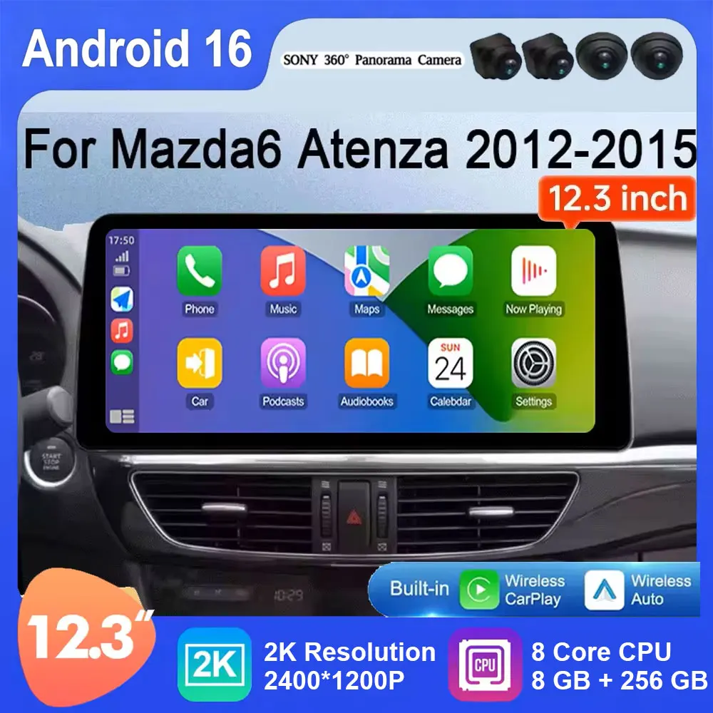 12.3 Inch For Mazda 6 GJ Series Atenza 2013 2014 2015 Android 16 Wireless Carplay GPS BT Radio Multimedia Auto 4G WIFI BT DSP
